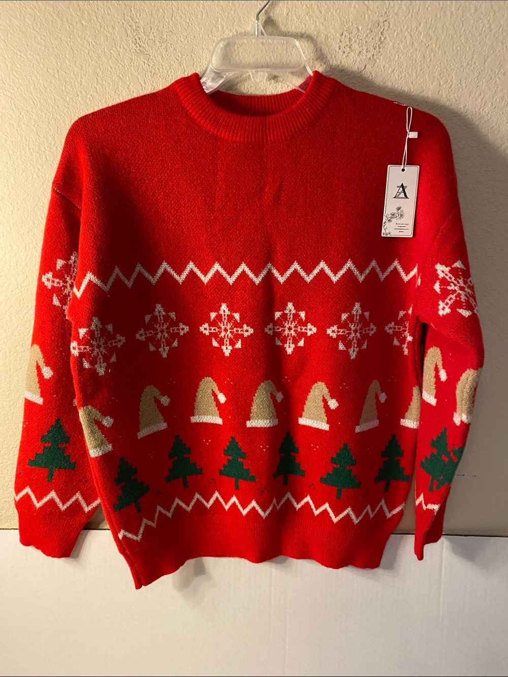Holiday Crewneck Sweater in Red with Festive Knit Motifs - A Brand